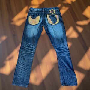 Maple Color Distressed Pocket Patches Low Rise straight Leg Jeans Size 29x29 #78